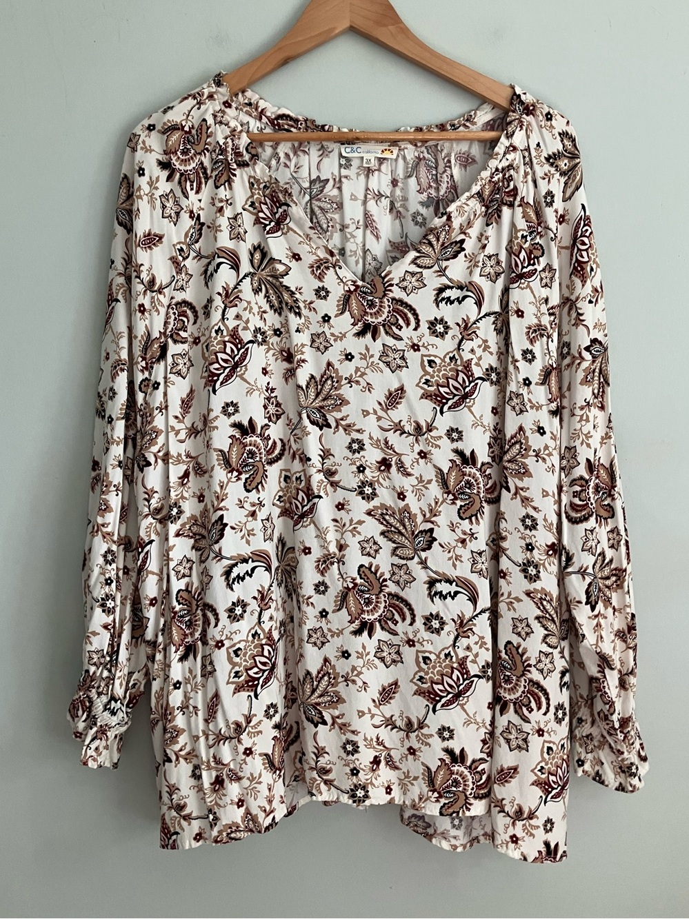 C&C CALIFORNIA Off White Floral and Paisley Long Sleeve Rayon Blouse Size 3X